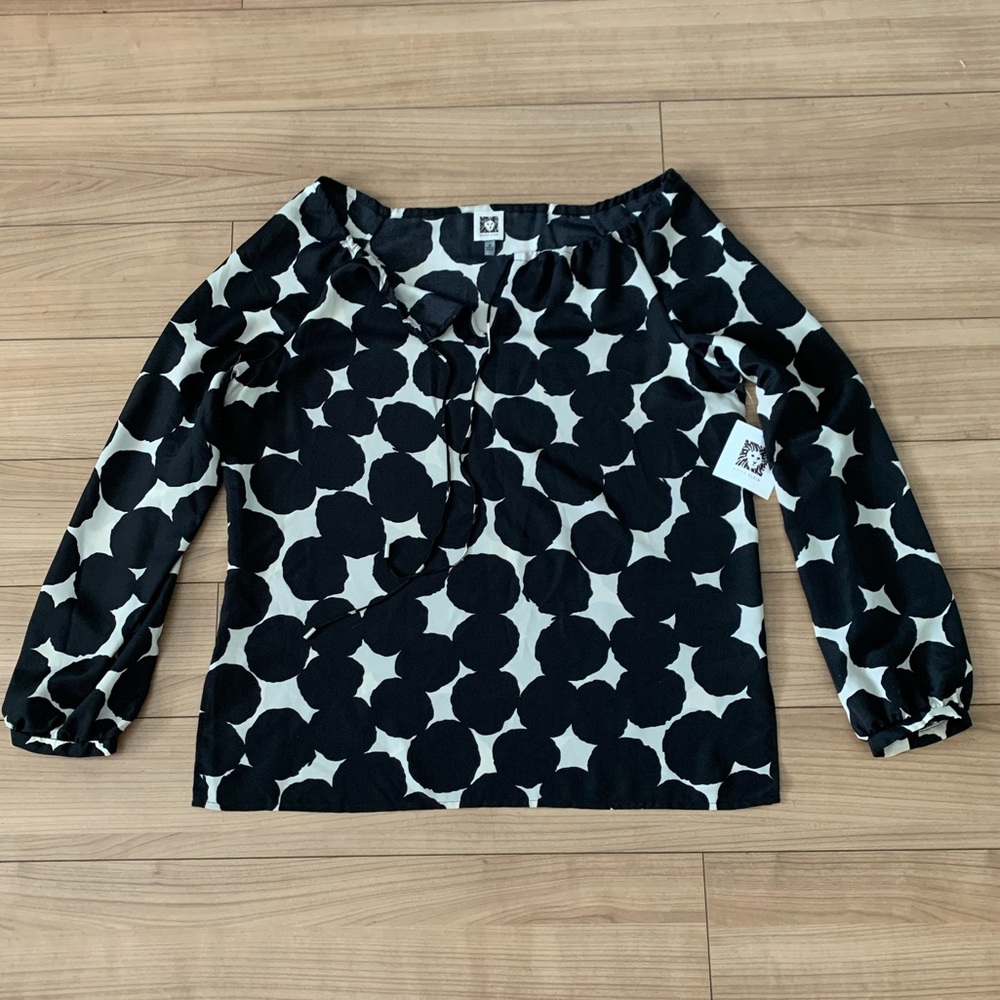 Anne Klein Polka Dot Blouse w/ Drawstring Neckline